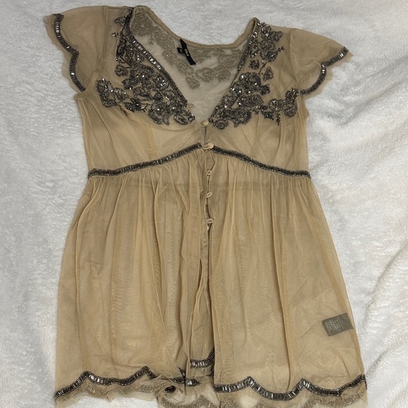 Black Tops - Black Beige Embellished Sheer Tunic Top